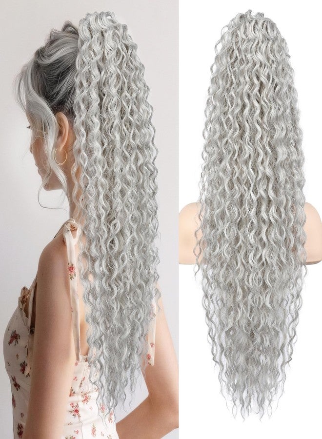 Flufymooz Ponytail Extension, 26 Inch Bohemian Style Drawstring Ponytail Hair Extensions for Women, Long Curly Wavy Pony Tail Natural Synthetic Hairpiece for Women (Grey/Silver/White Mixed) - Image 1